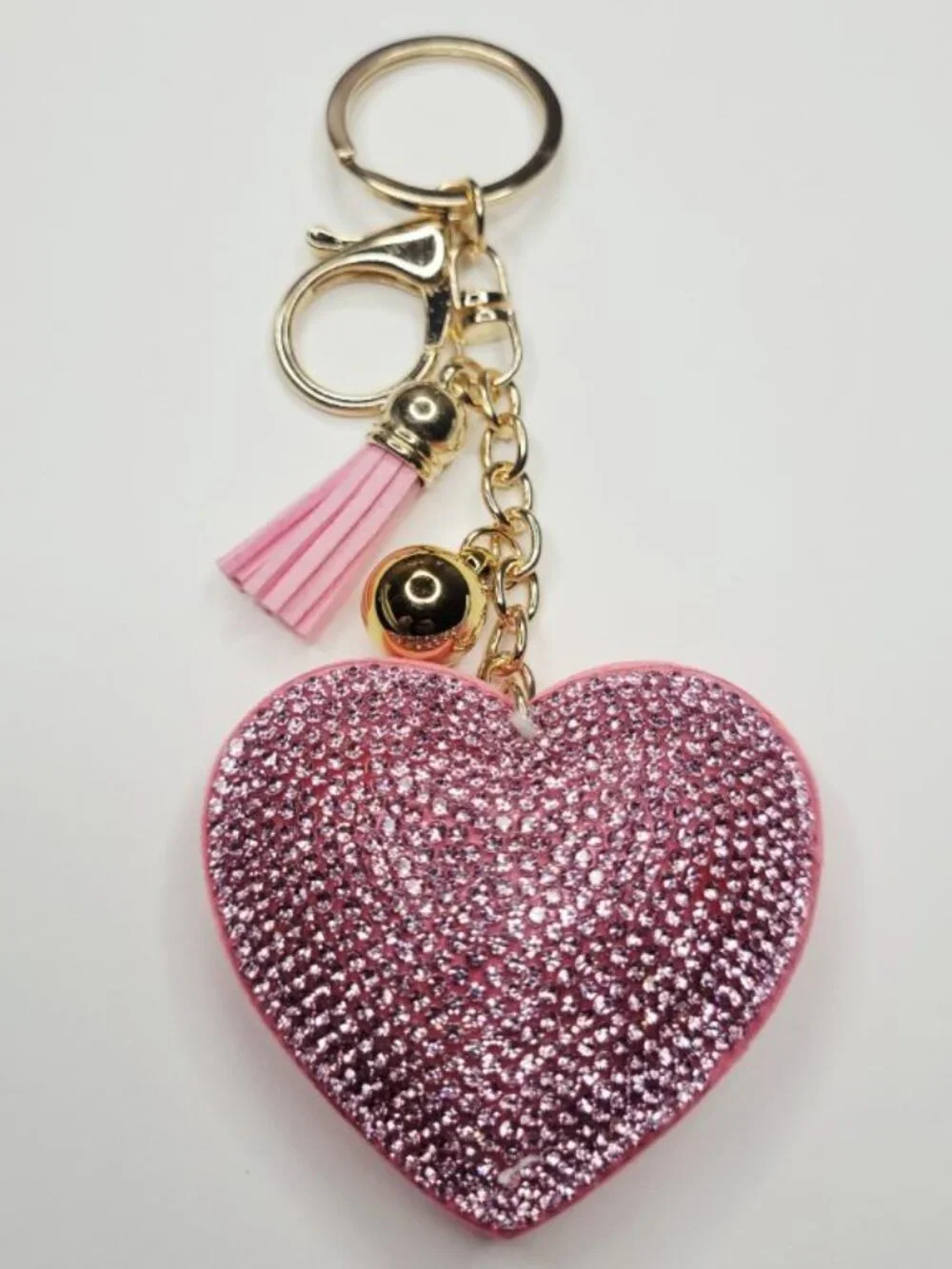 NWT Big Pink And Gold Puffy Heart Keychain With Tassel Purse Charm That Sparkles